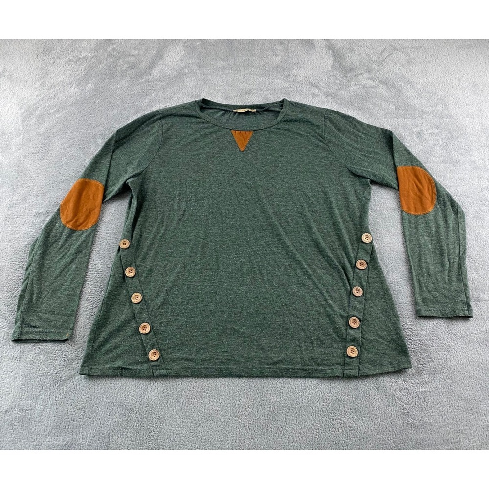Kate Kasin Womens XXL Forest Green Elbow Patch Button Side Long Sleeve Top